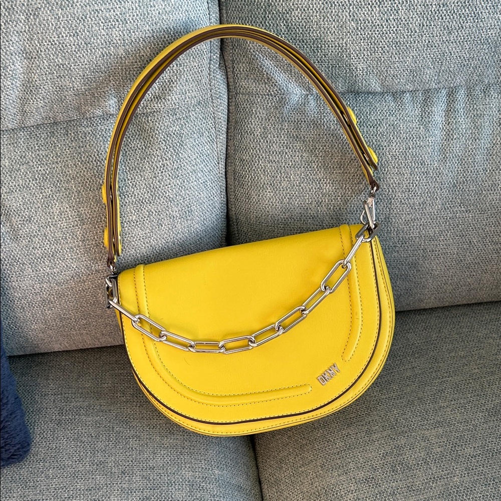 DKNY Bright Yellow Leather Saddle Crossbody with Silver Chain - Picture 6 of 9